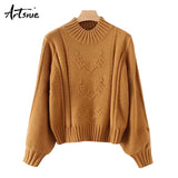 Artsnie Knitted Floral Winter Casual Pullovers Women Turtleneck Lantern Sleeve Pull Femme Tricot Autumn 2018 Sweaters Jumper