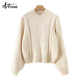 Artsnie Knitted Floral Winter Casual Pullovers Women Turtleneck Lantern Sleeve Pull Femme Tricot Autumn 2018 Sweaters Jumper