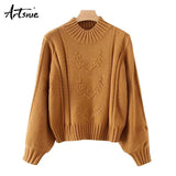 Artsnie Knitted Floral Winter Casual Pullovers Women Turtleneck Lantern Sleeve Pull Femme Tricot Autumn 2018 Sweaters Jumper