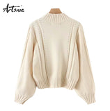 Artsnie Knitted Floral Winter Casual Pullovers Women Turtleneck Lantern Sleeve Pull Femme Tricot Autumn 2018 Sweaters Jumper