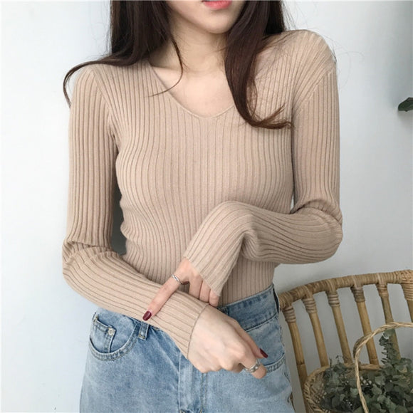 Korean Autumn V Neck Sweater Knitted Fashion Sweaters 2019 Slim Winter Tops For Women Pullover Jumper Pull Femme Truien Dames