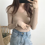 Korean Autumn V Neck Sweater Knitted Fashion Sweaters 2019 Slim Winter Tops For Women Pullover Jumper Pull Femme Truien Dames