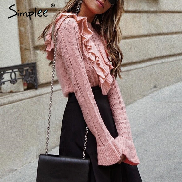 Simplee O neck ruffles knitted sweater women Hollow out slim fit pullover and sweaters winter 2018 Autumn pull femme jumper