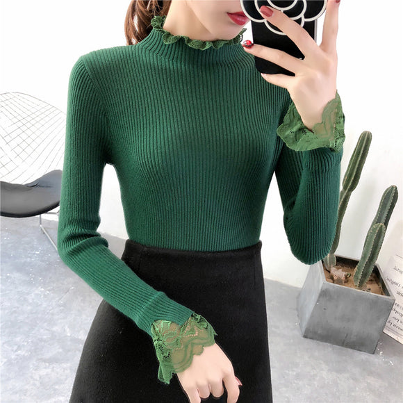 Elegant Sweety Turtleneck Lace Sweater for Women Korean Spring Green Sweaters Winter Knit Pullover Female Jumper Lady Pull Femme