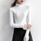 Elegant Sweety Turtleneck Lace Sweater for Women Korean Spring Green Sweaters Winter Knit Pullover Female Jumper Lady Pull Femme