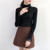 Elegant Sweety Turtleneck Lace Sweater for Women Korean Spring Green Sweaters Winter Knit Pullover Female Jumper Lady Pull Femme