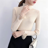 Elegant Sweety Turtleneck Lace Sweater for Women Korean Spring Green Sweaters Winter Knit Pullover Female Jumper Lady Pull Femme