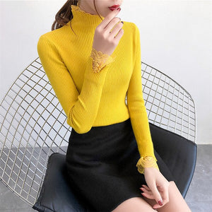 Elegant Sweety Turtleneck Lace Sweater for Women Korean Spring Green Sweaters Winter Knit Pullover Female Jumper Lady Pull Femme