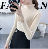 Elegant Sweety Turtleneck Lace Sweater for Women Korean Spring Green Sweaters Winter Knit Pullover Female Jumper Lady Pull Femme