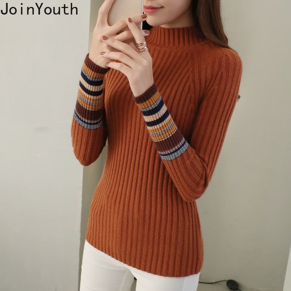 JoinYouth Half Turtleneck Warm Pullovers 2020 Autumn Winter Clothes Women Striped Warm Sweaters Korean Pull Femme Slim J223