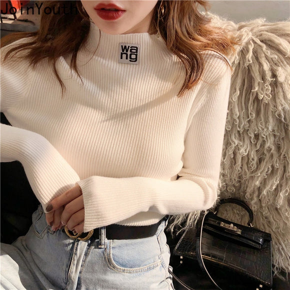 JoinYouth Half Turtleneck Pullovers Solid Appliques 2020 Autumn Winter All Match Women Sweaters Slim New Pull Femme Fashion J261