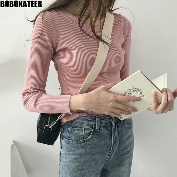 BOBOKATEER Pink Knitted Sweater Women Clothes Black Slim Pullover Tops Casual White Winter Thin Sweaters Pull Femme Autumn 2019