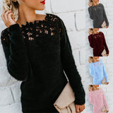 Fashion Women Lace Crochet Knitted Blouse Autumn Hollow Out Jumpers Long Sleeve Slim Knitwear Shirt Pull Femme Solid Basic Topse