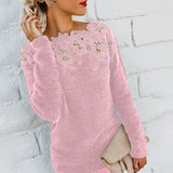Fashion Women Lace Crochet Knitted Blouse Autumn Hollow Out Jumpers Long Sleeve Slim Knitwear Shirt Pull Femme Solid Basic Topse