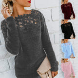 Fashion Women Lace Crochet Knitted Blouse Autumn Hollow Out Jumpers Long Sleeve Slim Knitwear Shirt Pull Femme Solid Basic Topse