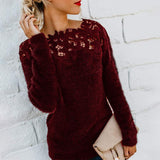 Fashion Women Lace Crochet Knitted Blouse Autumn Hollow Out Jumpers Long Sleeve Slim Knitwear Shirt Pull Femme Solid Basic Topse