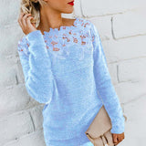 Fashion Women Lace Crochet Knitted Blouse Autumn Hollow Out Jumpers Long Sleeve Slim Knitwear Shirt Pull Femme Solid Basic Topse