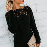 Fashion Women Lace Crochet Knitted Blouse Autumn Hollow Out Jumpers Long Sleeve Slim Knitwear Shirt Pull Femme Solid Basic Topse