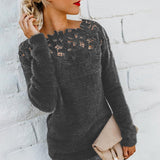 Fashion Women Lace Crochet Knitted Blouse Autumn Hollow Out Jumpers Long Sleeve Slim Knitwear Shirt Pull Femme Solid Basic Topse