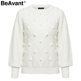 BeAvant Knitted winter sweater women pullover Lantern sleeve ladies sweaters female Minimalist pull femme sweet white jumper