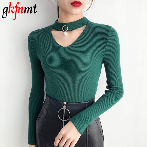 Korean Sweaters For Women Basic High Elastic Knitted Sweater Woman Sexy V-Neck Pullovers Long Sleeve Slim Pull Femme 2018 GKFNMT