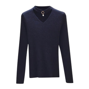 Korean Sweaters For Women Basic High Elastic Knitted Sweater Woman Sexy V-Neck Pullovers Long Sleeve Slim Pull Femme 2018 GKFNMT