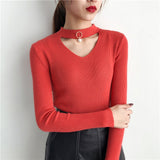 Korean Sweaters For Women Basic High Elastic Knitted Sweater Woman Sexy V-Neck Pullovers Long Sleeve Slim Pull Femme 2018 GKFNMT