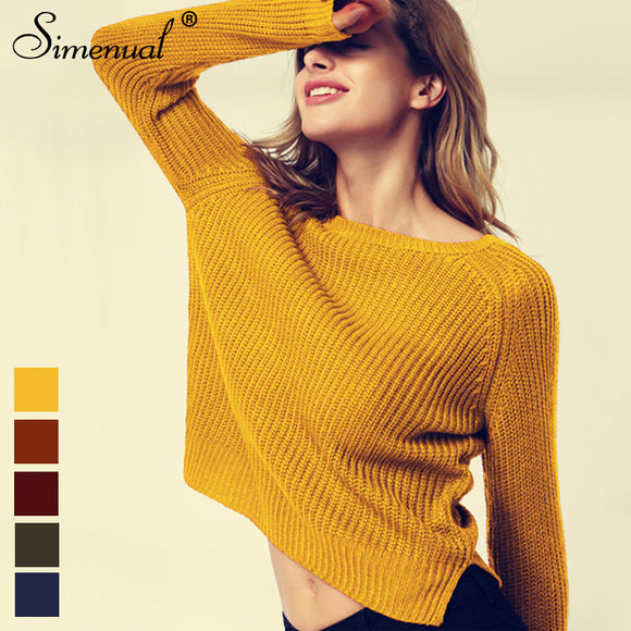 Simenual 2018 Fashion yellow sweaters for women autumn winter knitted jumper sueter mujer side slit lady's sweater pull clothes