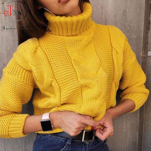 2019 Autumn Winter Short Sweater Women Knitted Turtleneck Pullovers Casual Soft Jumper Fashion Long Sleeve Pull Femme