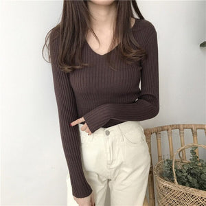 Korean Autumn V Neck Sweater Knitted Fashion Sweaters 2019 Slim Winter Tops For Women Pullover Jumper Pull Femme Truien Dames