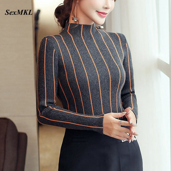 SEXMKL Striped Turtleneck Pullover Women 2019 Winter Thick Sweater Red Korean Ladies Office Knitted Sweater Black Top Pull Femme