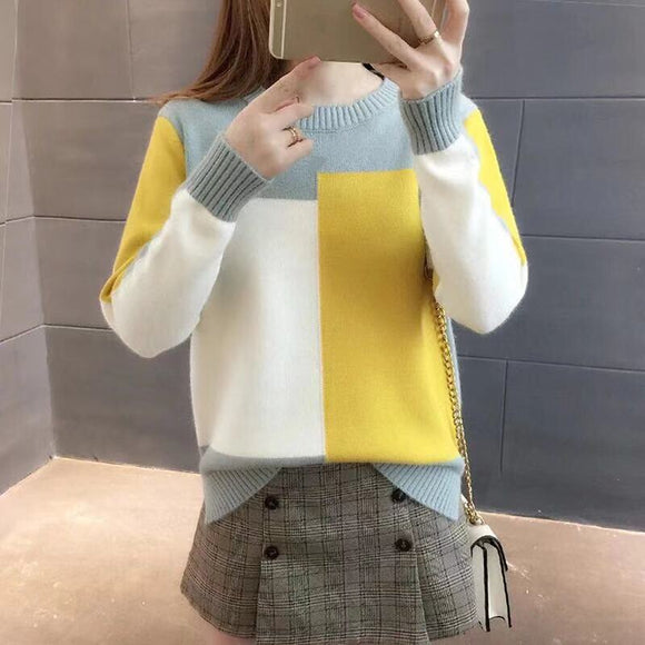 Fashion  Women Winter Sweater Autumn Patchwork Knitted Long Sleeve Pullover Female Tricot Jumper Pull Femme