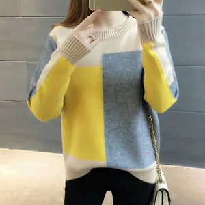 Fashion  Women Winter Sweater Autumn Patchwork Knitted Long Sleeve Pullover Female Tricot Jumper Pull Femme