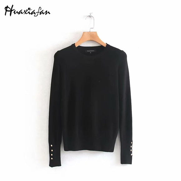 Huaxiafan Women Winter Sweater Stretchy Solid Knitted Autumn Thin Pullover O Neck Button Jumper sweaters Female Casual Tops pull