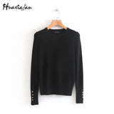 Huaxiafan Women Winter Sweater Stretchy Solid Knitted Autumn Thin Pullover O Neck Button Jumper sweaters Female Casual Tops pull