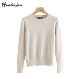 Huaxiafan Women Winter Sweater Stretchy Solid Knitted Autumn Thin Pullover O Neck Button Jumper sweaters Female Casual Tops pull