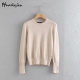 Huaxiafan Women Winter Sweater Stretchy Solid Knitted Autumn Thin Pullover O Neck Button Jumper sweaters Female Casual Tops pull