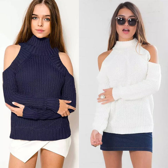 Turtleneck Off Shoulder Knitted Slim Sweater Women Autumn Fashion Tricot Pullover Jumpers Pull Femme Oversized Capes A0933