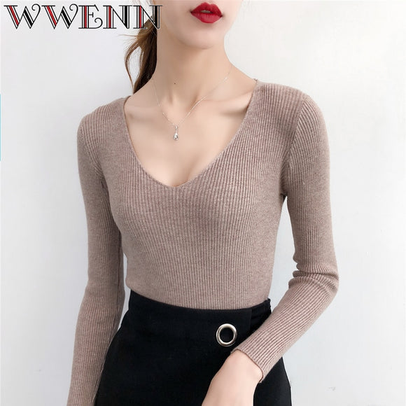 Pull Femme Sexy Deep V Neck Women Sweaters And Pullovers 2018 Winter Pink Gray Knitted Warm Jumper Slim Stretch Sweater Female